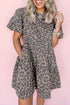 Brown Denim Leopard Printed Short Puff Sleeve Mini Dress